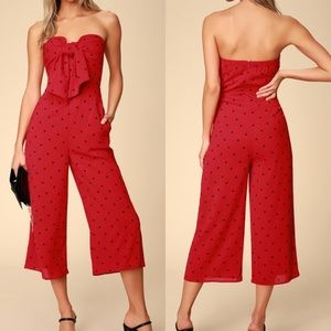 Lulu’s Nectar Red Print Strapless Tie-Front Jumpsuit